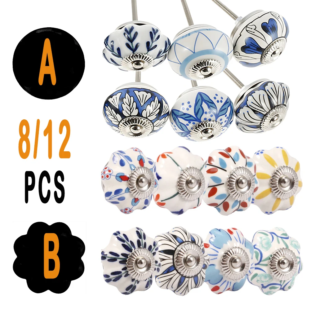 

8/12 PCS Chic Vintage Ceramic Drawer Knobs Round/Flower-shaped Drawer Pull Cupboard Door Porcelain Retro Handles Set with Screws