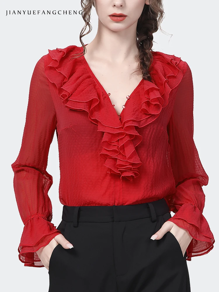 Fashion Rose Red Chiffon Blouse Women 2022 Spring New Long Sleeve V-Neck Ruffles Top Elegant Slim Female Casual Office Shirts