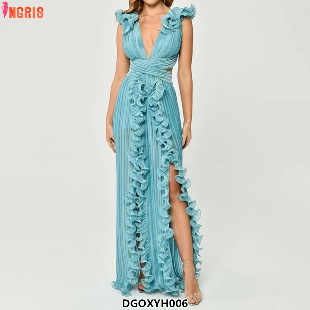 

Women's Casual Sexy Sleeveless Evening Midi-Length Tulle Pleat Ruffle Tight Waist Prom-Style Layers Party Dress-DGOXYH006
