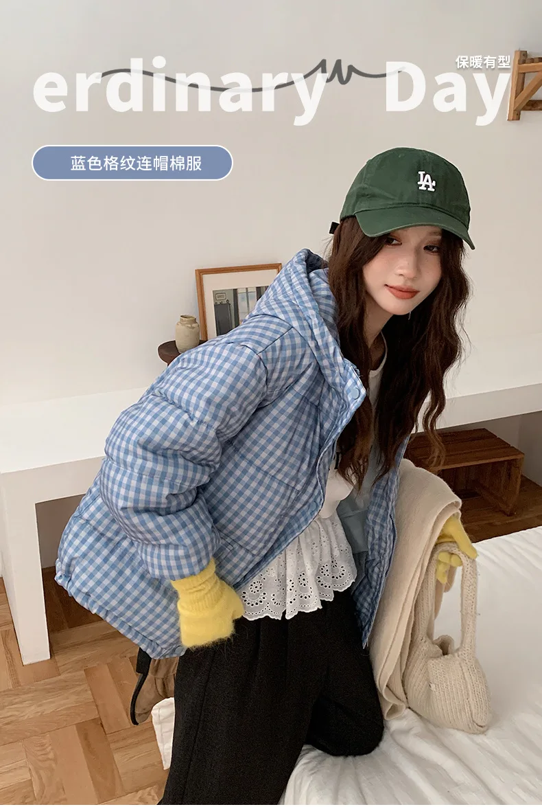 Women Short Plaid Parkas Coats Solid Jackets Zipper Pocket Stand Collar Long Sleeves Thick Loose Office Lady Casual 2025 Winter