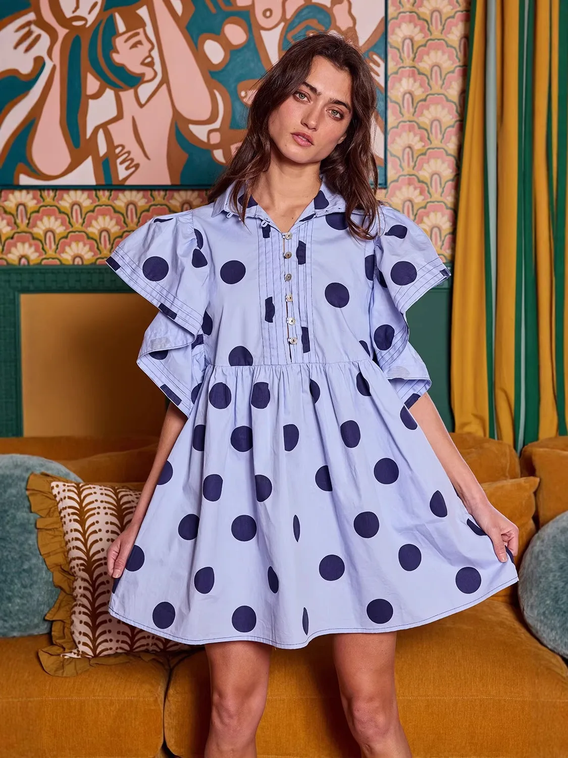 

Spring Summer Polka Dot Print off Shoulder Short Sleeve Women's Shirt Fashionable Pleated Sweet Top Polyester Fiber Blouse