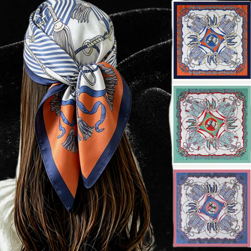 Luxury Satin Square Scarf Women's Vintage Equestrian Horse Print Headscarf Turban Wrap Neckerchief Contrast Border 3 Colors
