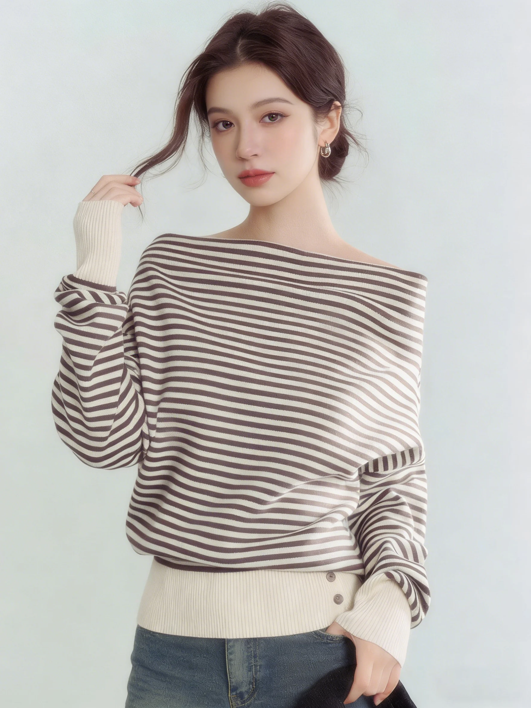 Unique Beautiful Shoulder Bared Striped Knitwear Women's Early Spring Korean Style Loose Fit Soft Polyester Fiber Long Sleeve
