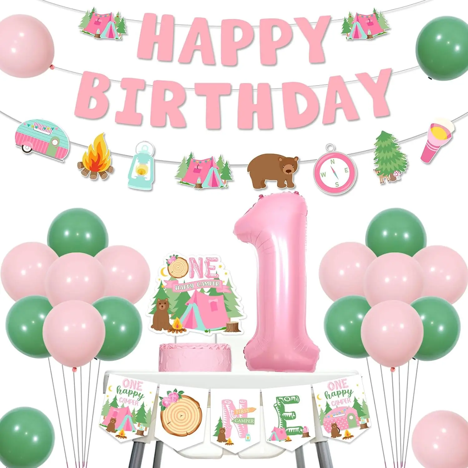 

One Happy Camper 1st Birthday Decor Cake Topper Balloons Happy Birthday Banner Number 1 Foil Balloon for Camping Theme Party