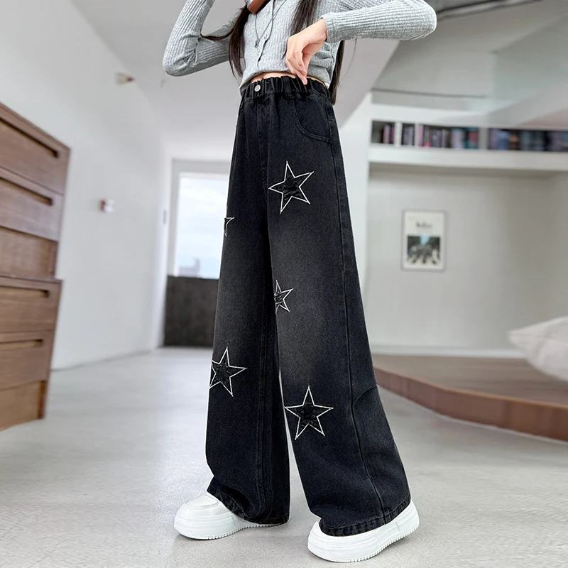 أطفال الخريف مستقيم صالح الجينز الأسود مع نجوم لفتاة توين سن 5 6 7 8 9 10 11 12 13 14 سنة الاطفال أنيق الدينيم السراويل #3