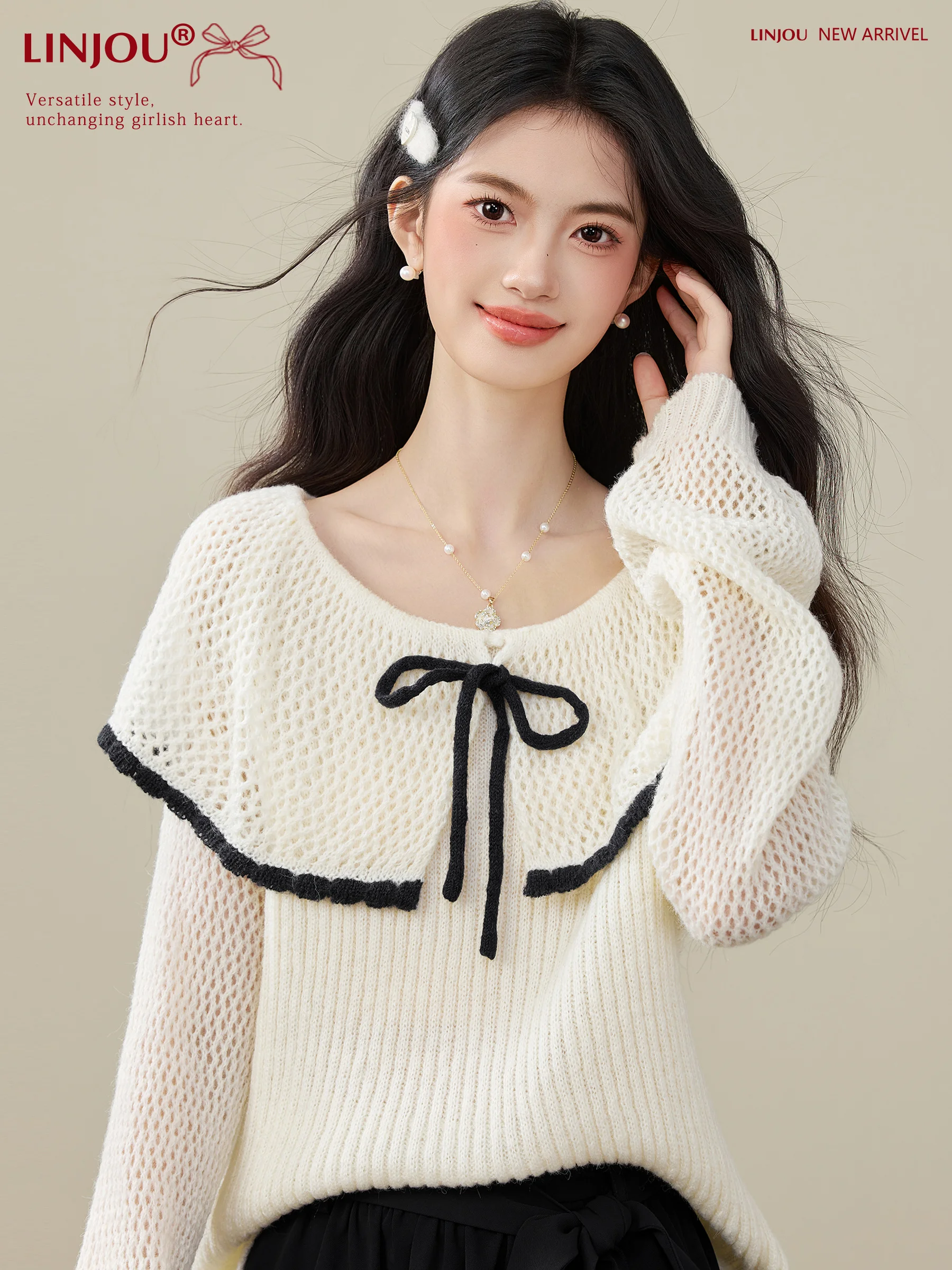 

Linjou Honey Nouried Cloud Cotton Unique Knitted Top Women's Lazy Sle Autumn Winter Faion Casual Slim Fit Kno...