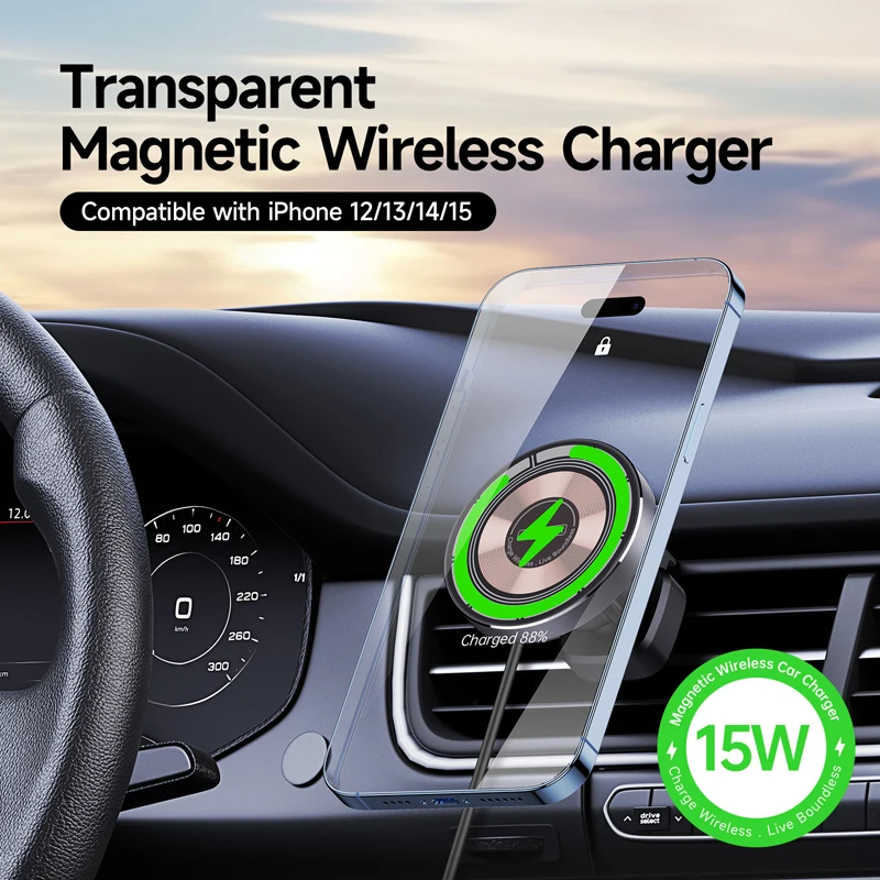 Transparent Magnetic Wireless Charger Car Phone Holder 15W Fast Charging N52 Strong Magnet for iPhone 14 13 12 Pro Max