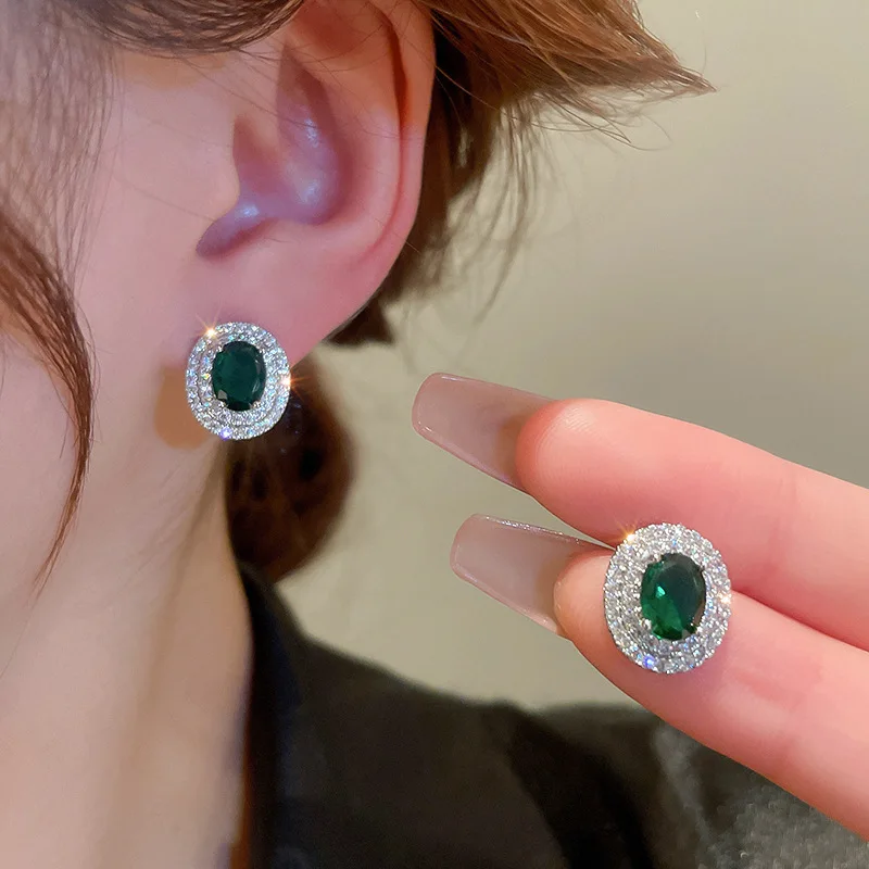 Oval Emerald Color Zircon Stud Earrings Women Double Layer Rhinestones Stud Earrings Vintage Bridal Wedding Daily Jewelry C