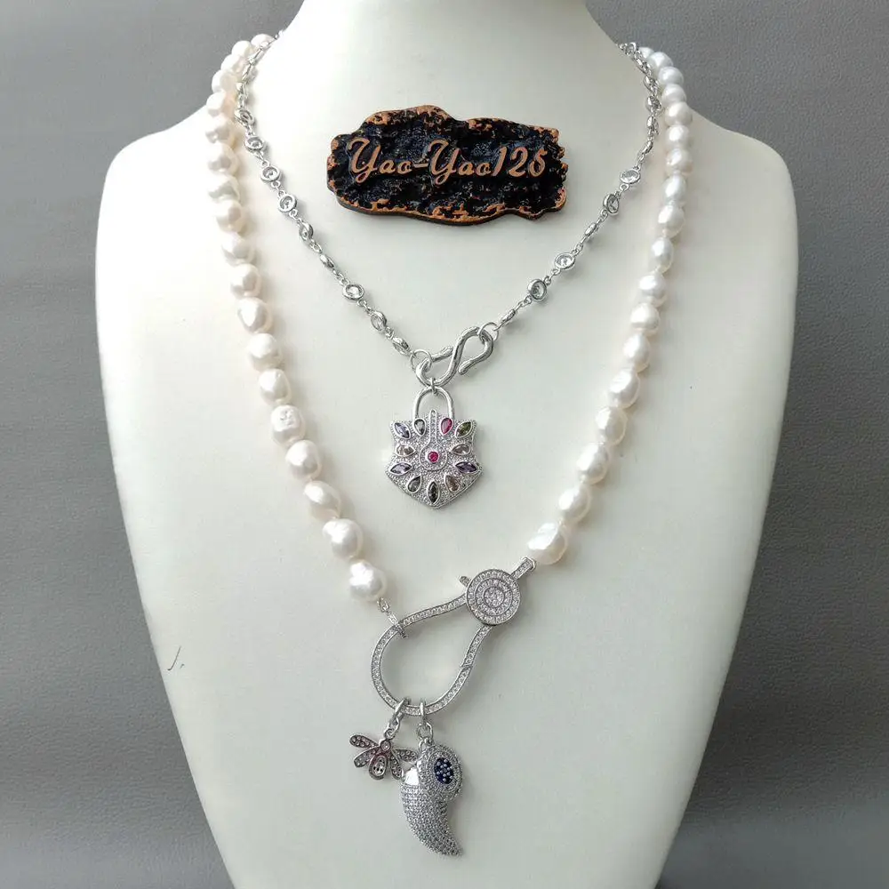 KKGEM 19''2Strands Link chain Cultured White Baroque Pearl Cz pave Drop bee lock Charm pendant statement Necklace view 5