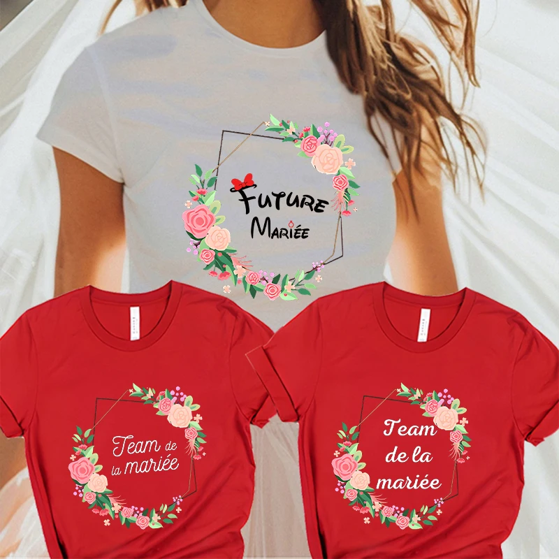 Future Bride Bridal Wedding Tee Bachelorette Hen Party Tshirt French Women Evjf Team Bride T-Shirt Floral Crown Graphic Tops