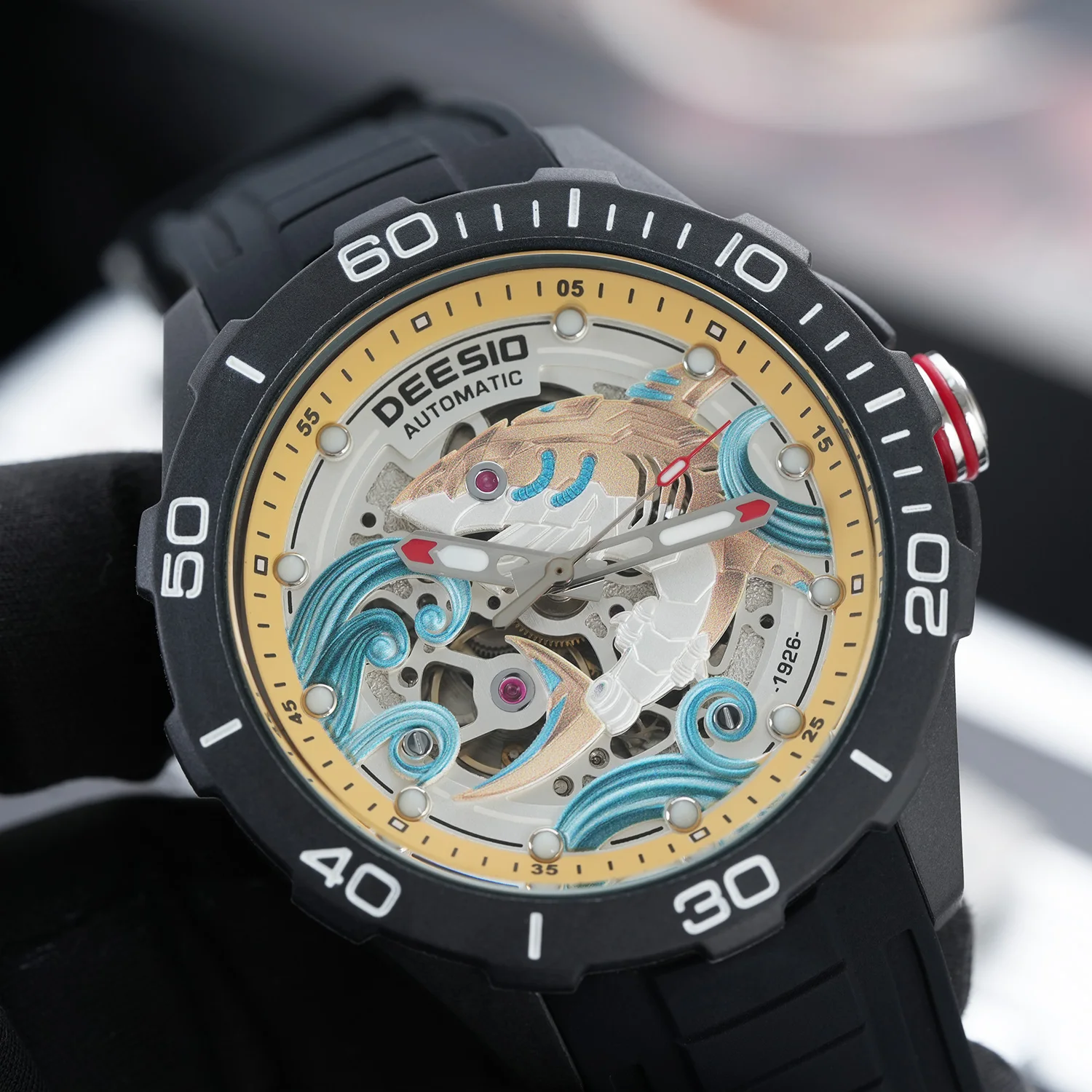 Deesio Luxury Men's Automatic Mechanical Watch |Upgrade Carbon Fiber Case Lightweight + 3D Relief Dial, Luminous Hands & 100M/10ATM Waterproof | Silicone Strap | Casual Sport to Business Fashion | Unique Skeleton Design, Perfect Gift for Him/Boyfriend view 5