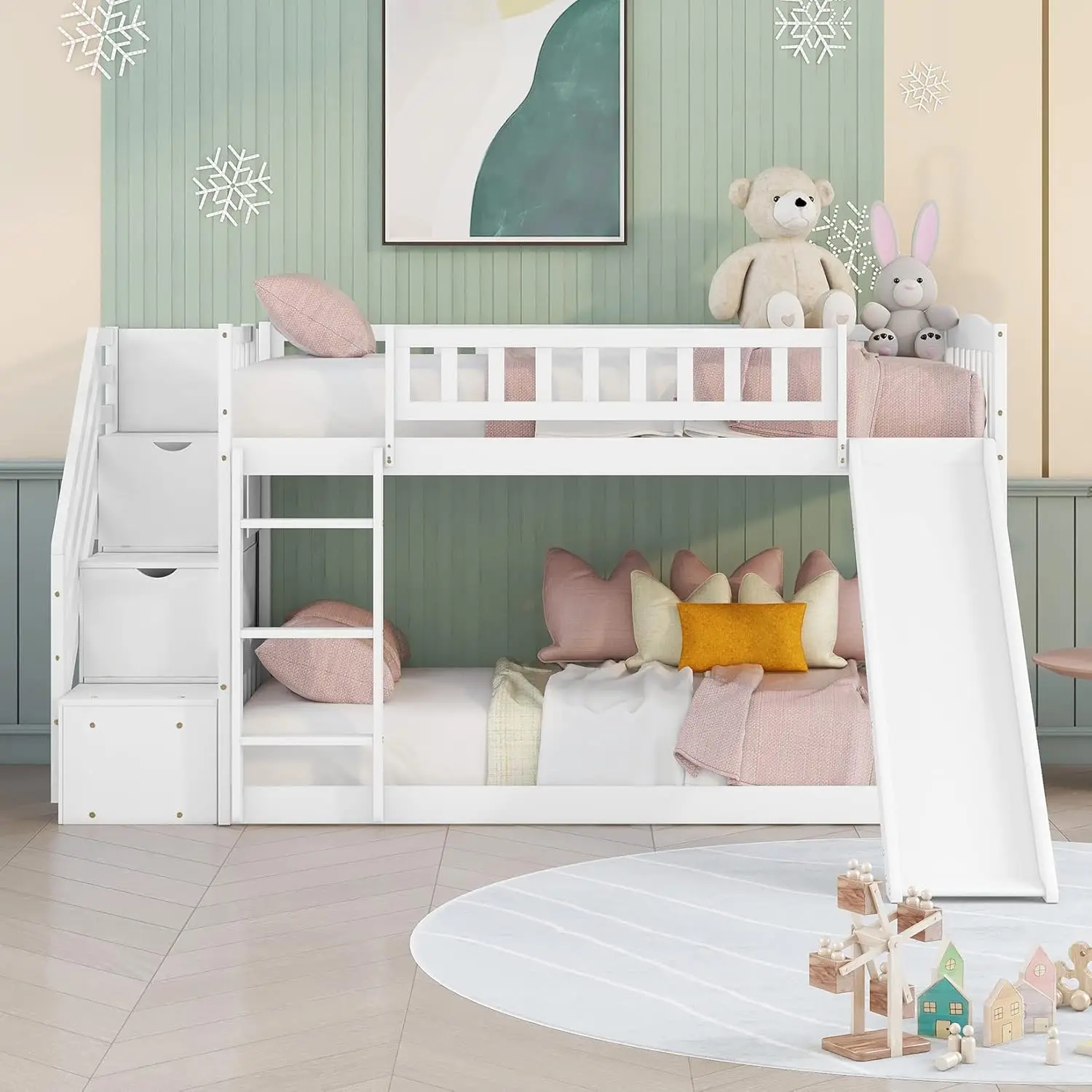 Lits superposés en bois avec toboggan pour enfants, lits superposés, cadre de lit, lits jumeaux, lits superposés bas, escalier, garçons, filles, blanc, rangement à proximité, égouts