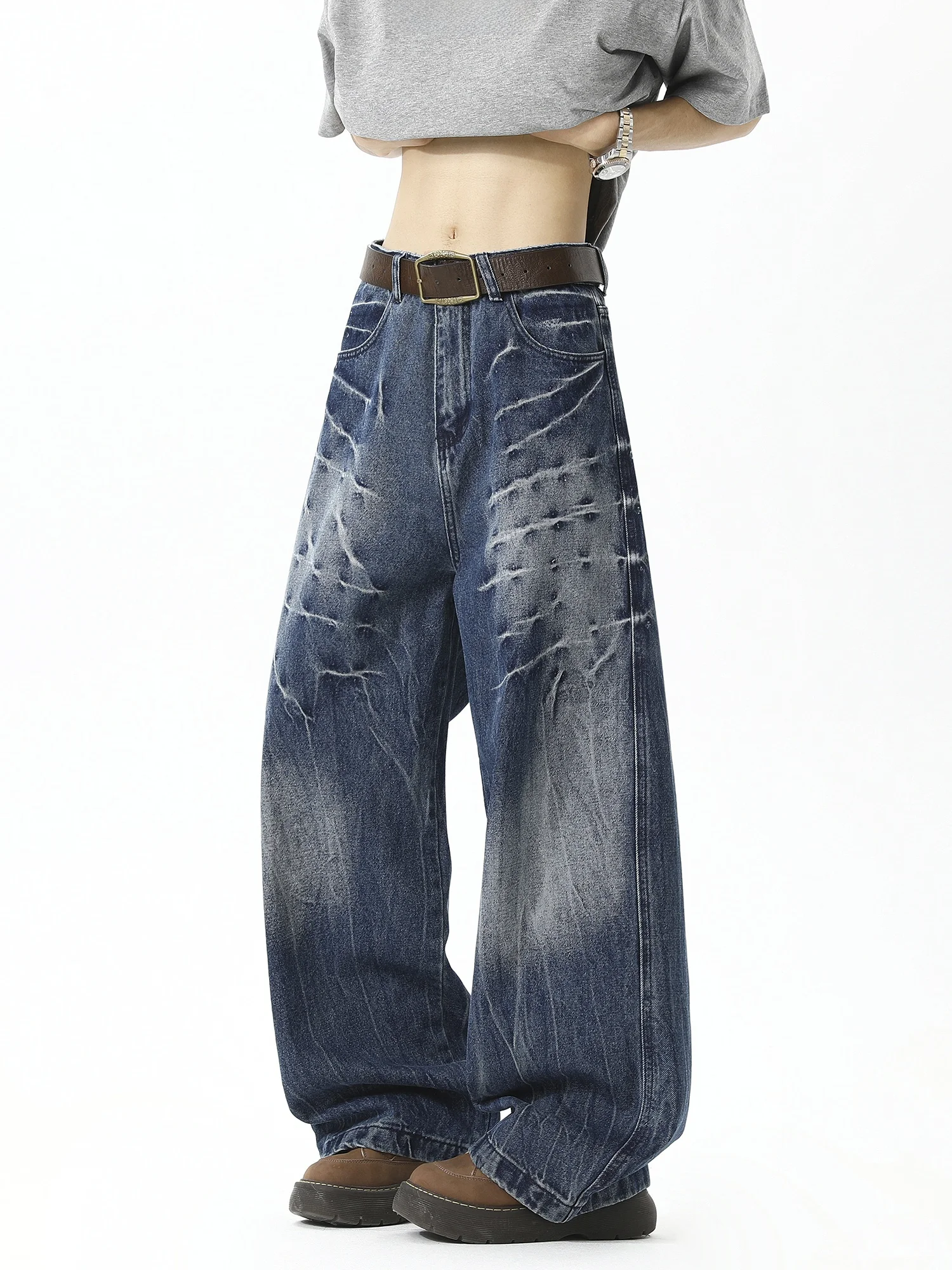 

Washed Vintage Lightning Pattern Men's Jeans Casual Straight Leg Loose Wide Leg Pants Spring Autumn American High Street Style