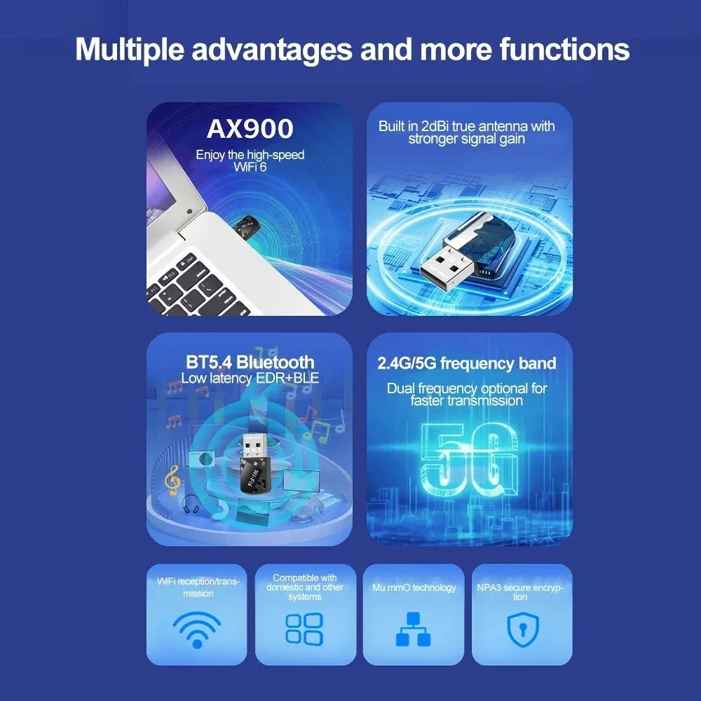 

WiFi 6 Bluetooth 5.4 Adapter Dual Band Mini USB USB Network Card 2.4G&5GHz Driver Free Wireless WiFi Receiver Home Office