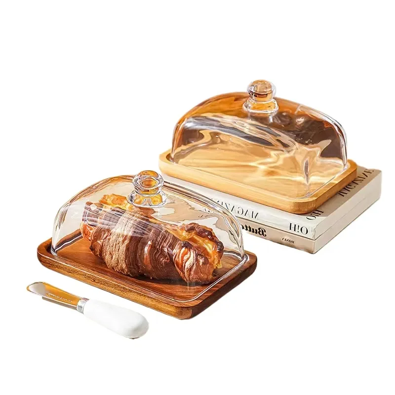 Bamboo Wood Cake Plate with Transparent Glass Display Stand Dessert Pastry Serving Tray for Western Food Butter Snack