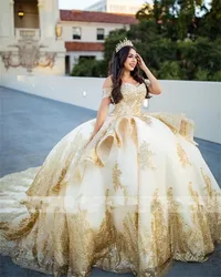 Luxury Gold Pearls Lace Quinceanera Dresses 2023 Off Shoulder Ball Gown lace-up Corset Birthday prom Customized