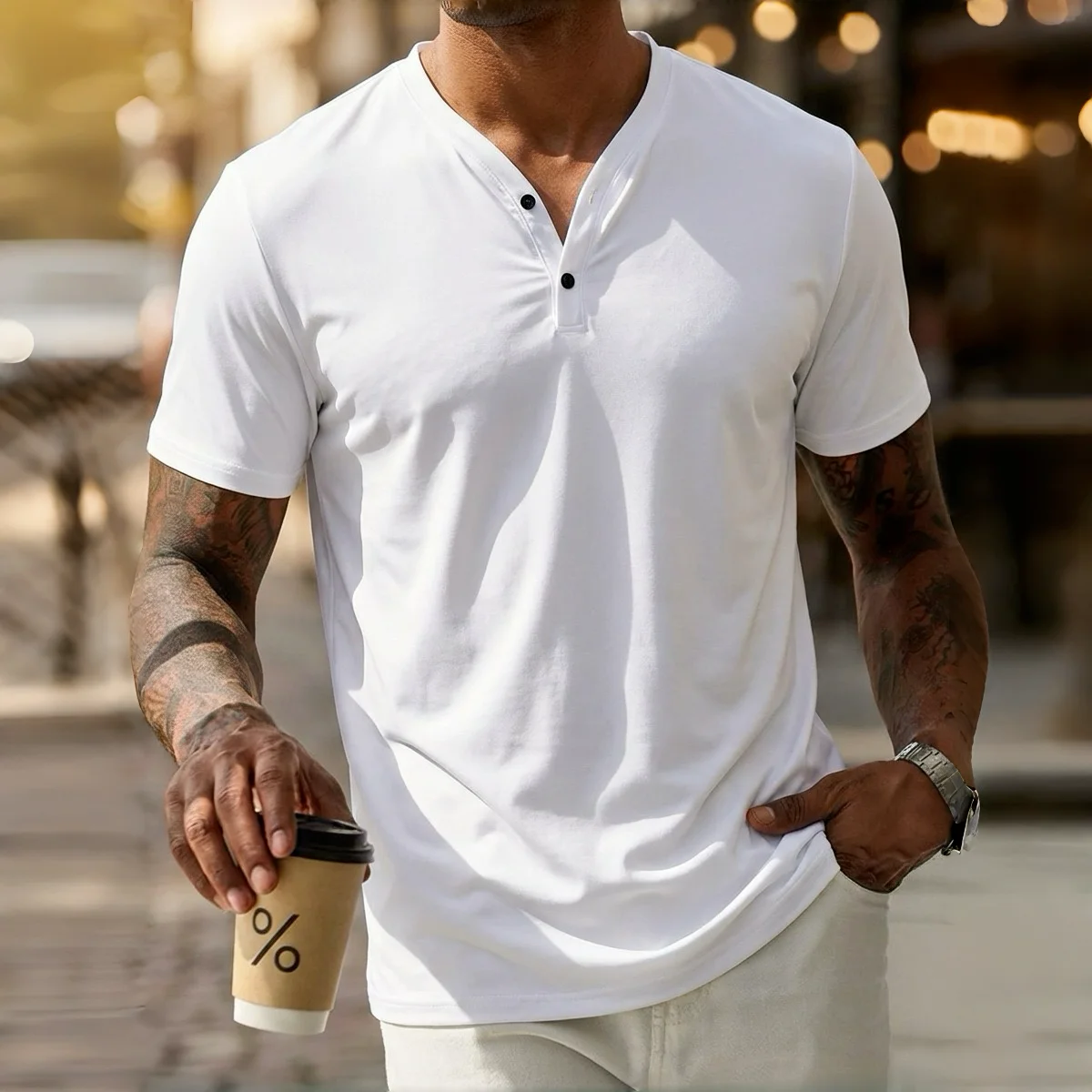 Мужская рубашка-поло, однотонная, с V-образным вырезом, футболка-хенли с коротким рукавом, повседневная, с планкой на пуговицах, базовый слой для ежедневных поездок на работу.