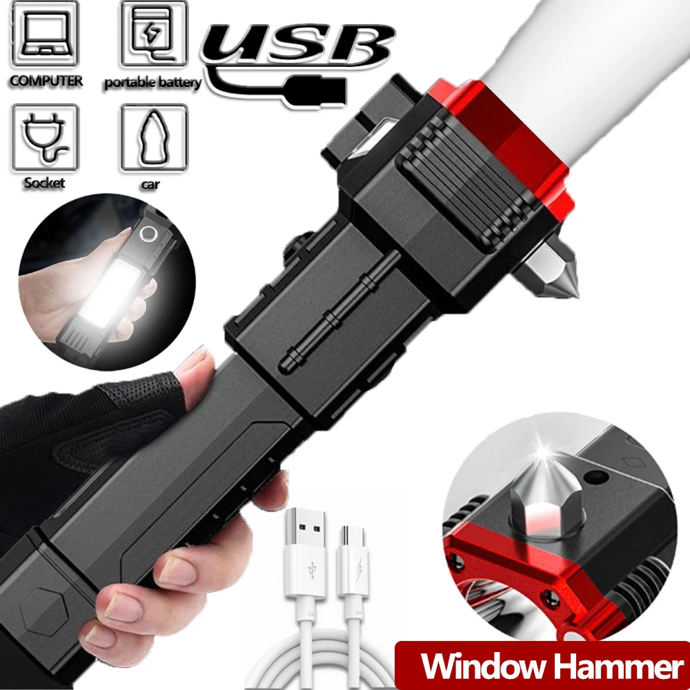 

USB Charging Super Bright LED Flashlight With Safety Hammer Emergency Window Break Escape Side Light Torch Portable Work Lights