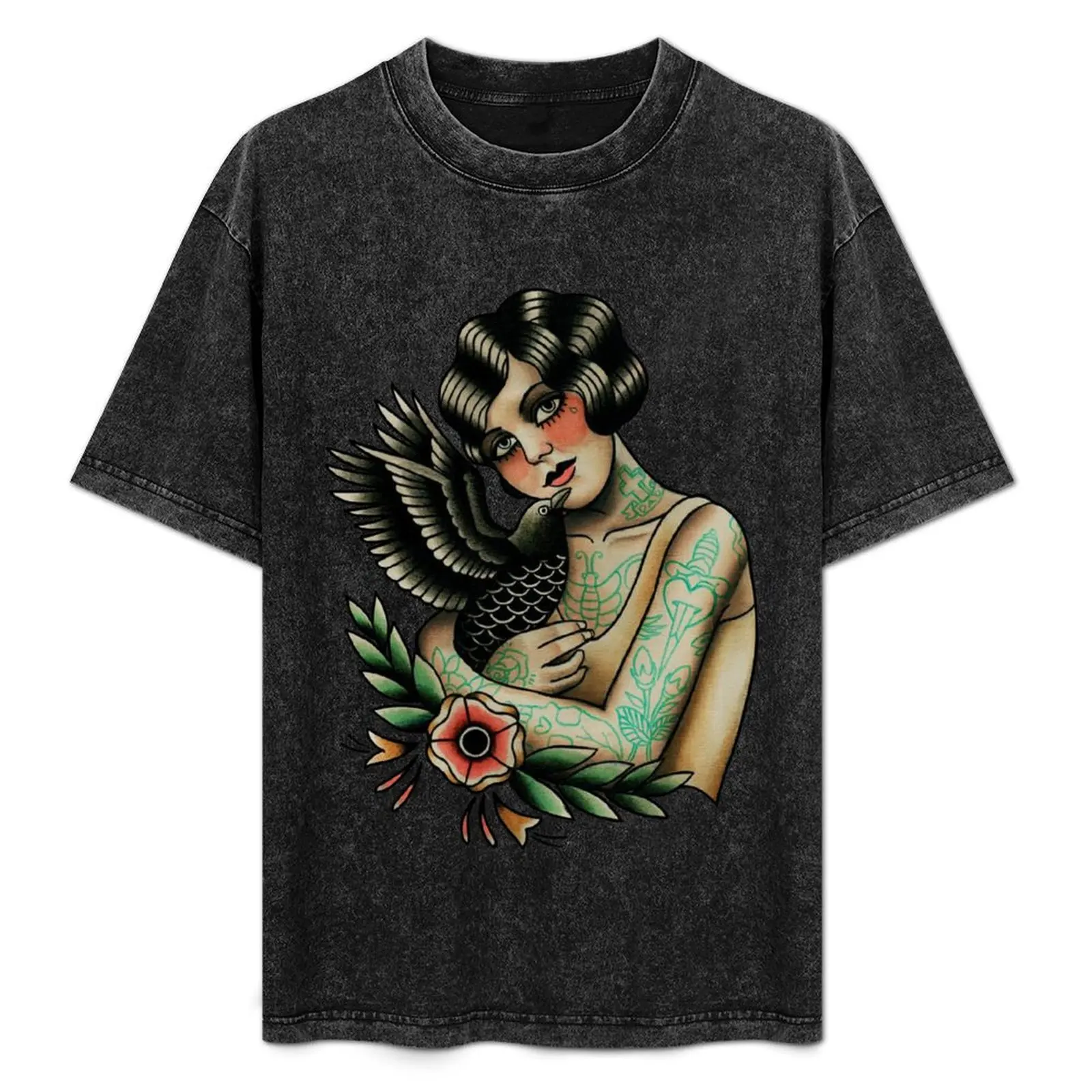 

Woman With A Crow Tattoo T-Shirt graphic t shirts vintage clothes tees mens workout shirts