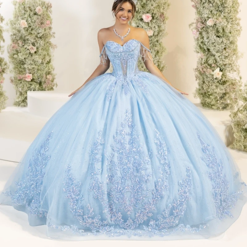 

Sky Blue Shiny Quinceanera Dresses Off The Shoulder Applique Lace Beads Bow Tull Party Birthday Sweet 16 Dress Vestidos 15 De