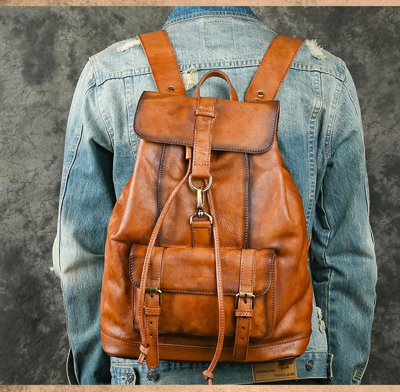 Anti Theft Men\'s Genuine Leather Backpack Vintage Handmade Knapsack Male Retro Rucksack Large Fashion Travel Backpack Bag Male