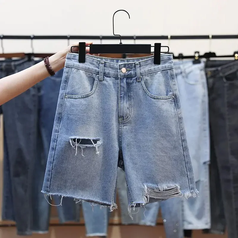 

Women Denim Shorts High Waist Hole Ripped Half Pants Summer Casual Loose Straight Jeans Female Streetwear M-4XL