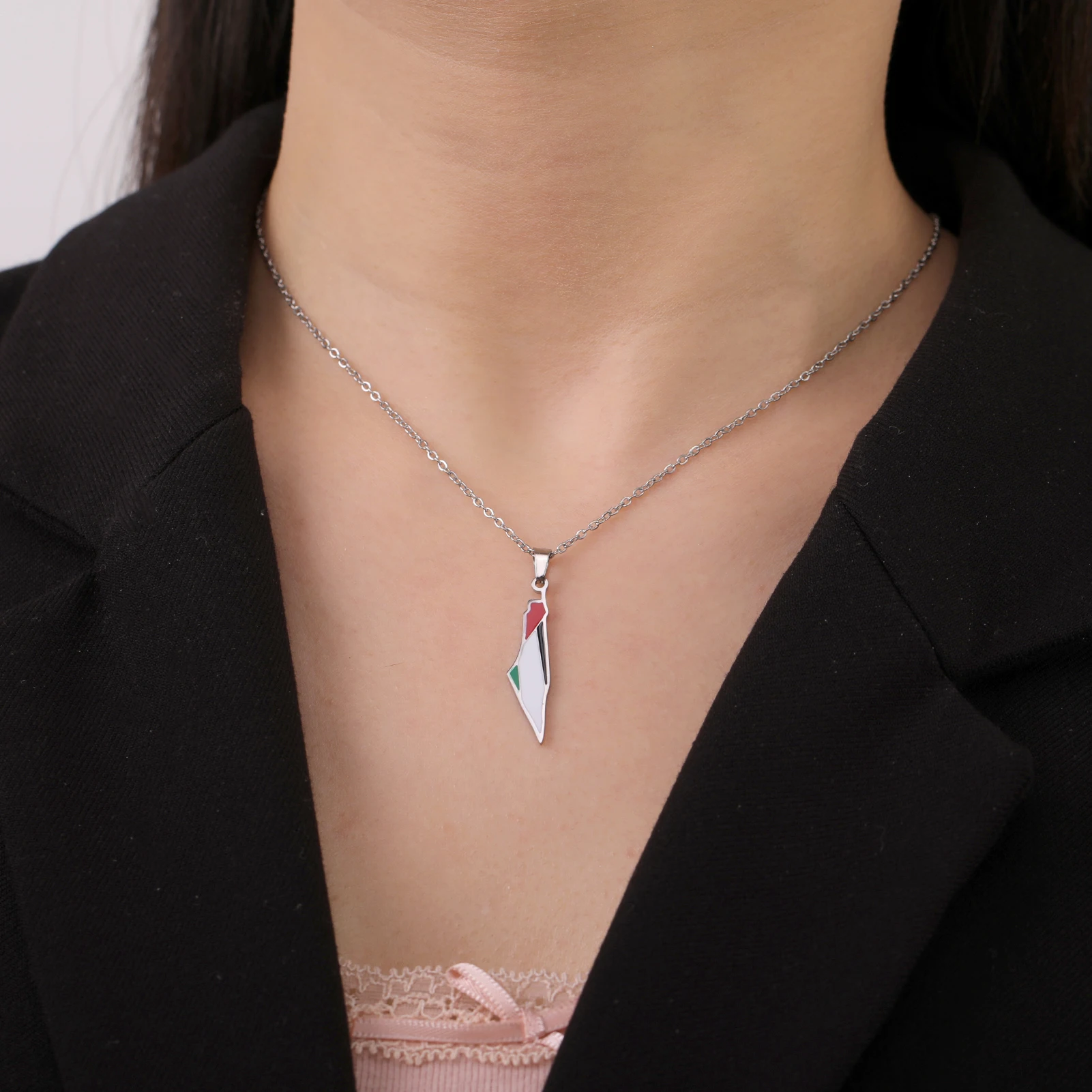 COOLTIME Palestine Map Flag Pendant Necklace for Women Stainless Steel Geography Map Shape Choker Chain Jewelry Wholesale - view 3