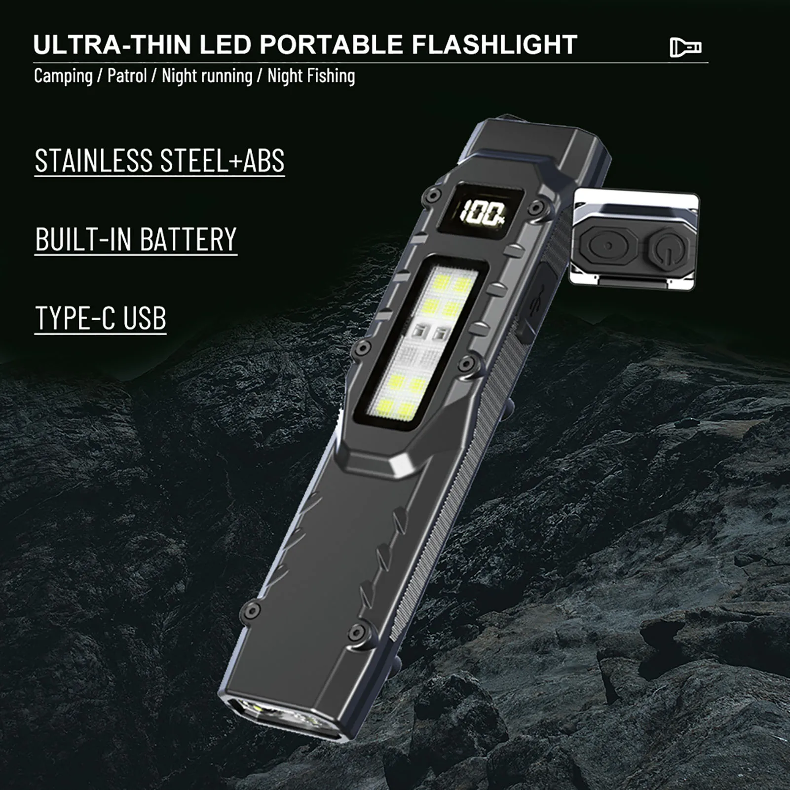 مصباح يدوي تكتيكي 1100 لومن USB قابل لإعادة الشحن 1000 مللي أمبير في الساعة من الفولاذ المقاوم للصدأ مع ضوء الأشعة فوق البنفسجية الأبيض والأحمر