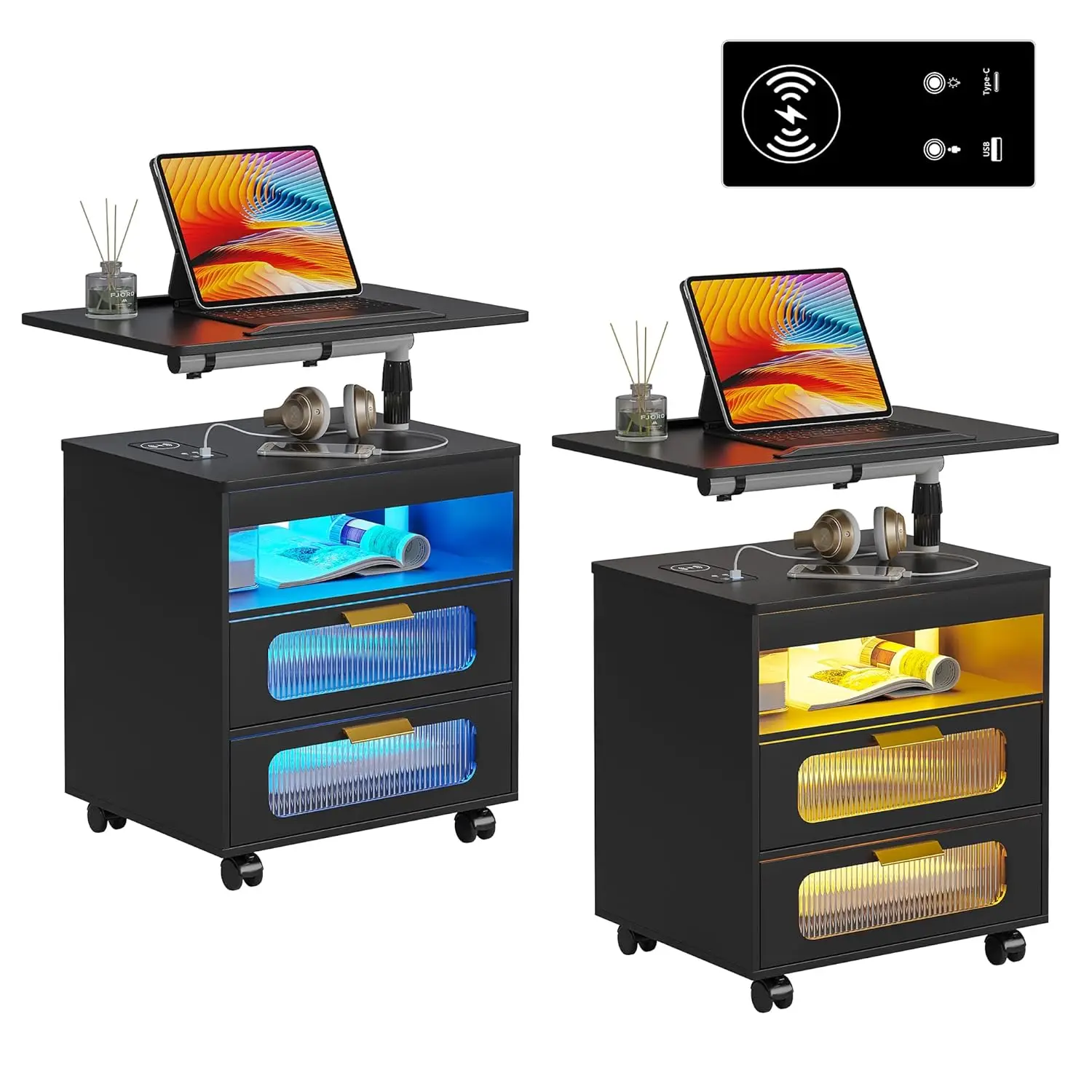 

LED Nightstand Set of 2 with Charging Station & Adjustable Overbed Desk, 3 Color LED Lights & Body Sensor, Mobile, Customized