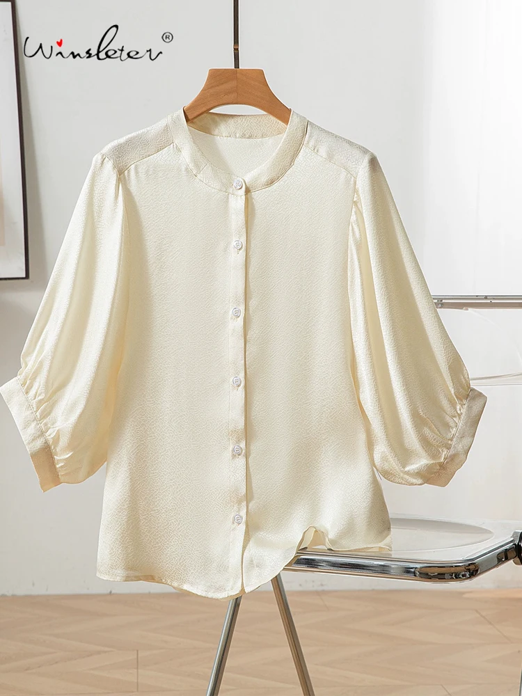 

Winsleter-100%Real Silk Elegant Shirt, Women O Neck Lantern Sleeve Jacquard, Versatile Casual Loose Blouse, 2025 Autumn T57136CC