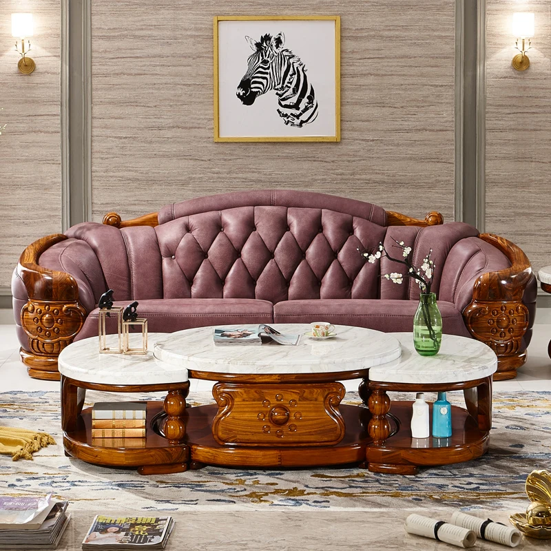 European sofa Wujin wooden sofa solid wood villa high-end American sofa imported leather sofa