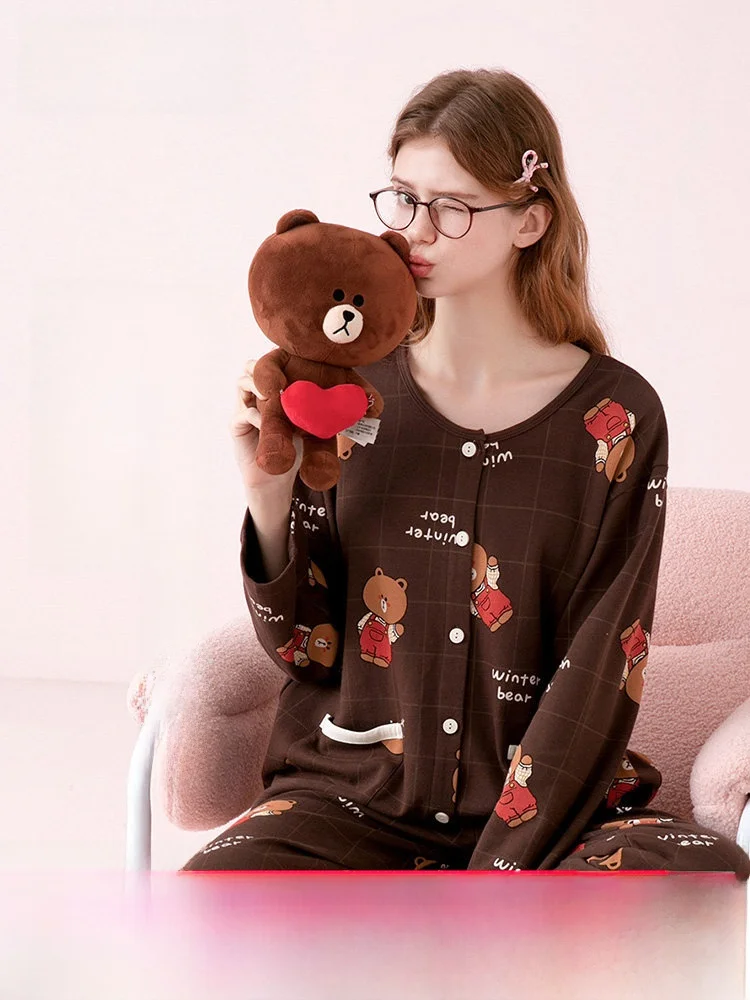 fenteng-women's-sleepwear-spring-2026-anti-static-long-sleeve-pure-cotton-open-cardigan-brown-bear-cute-loose-home-clothes