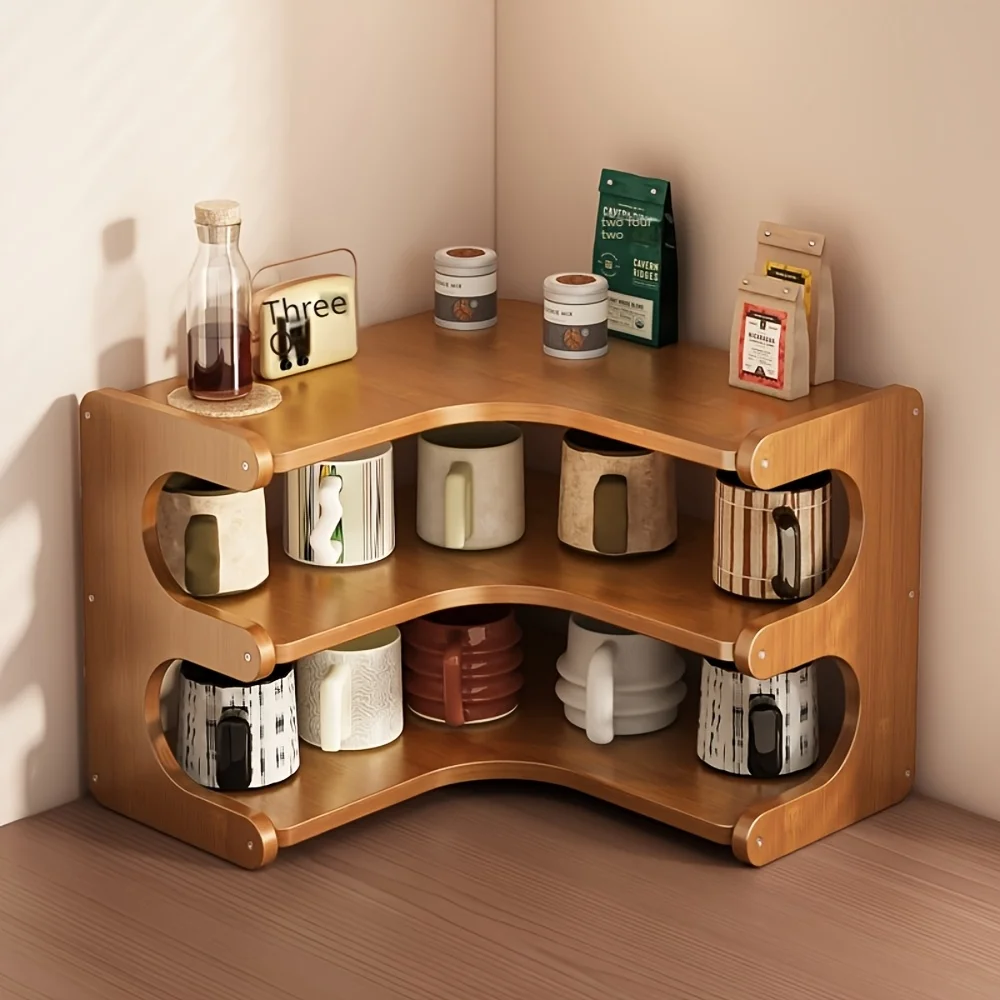 1pc Multi-Tier Bamboo Corner Desk Shelf - Natural Wood Rectangular Corner Organizer for Plants, Books & Stationery - Space-Savin