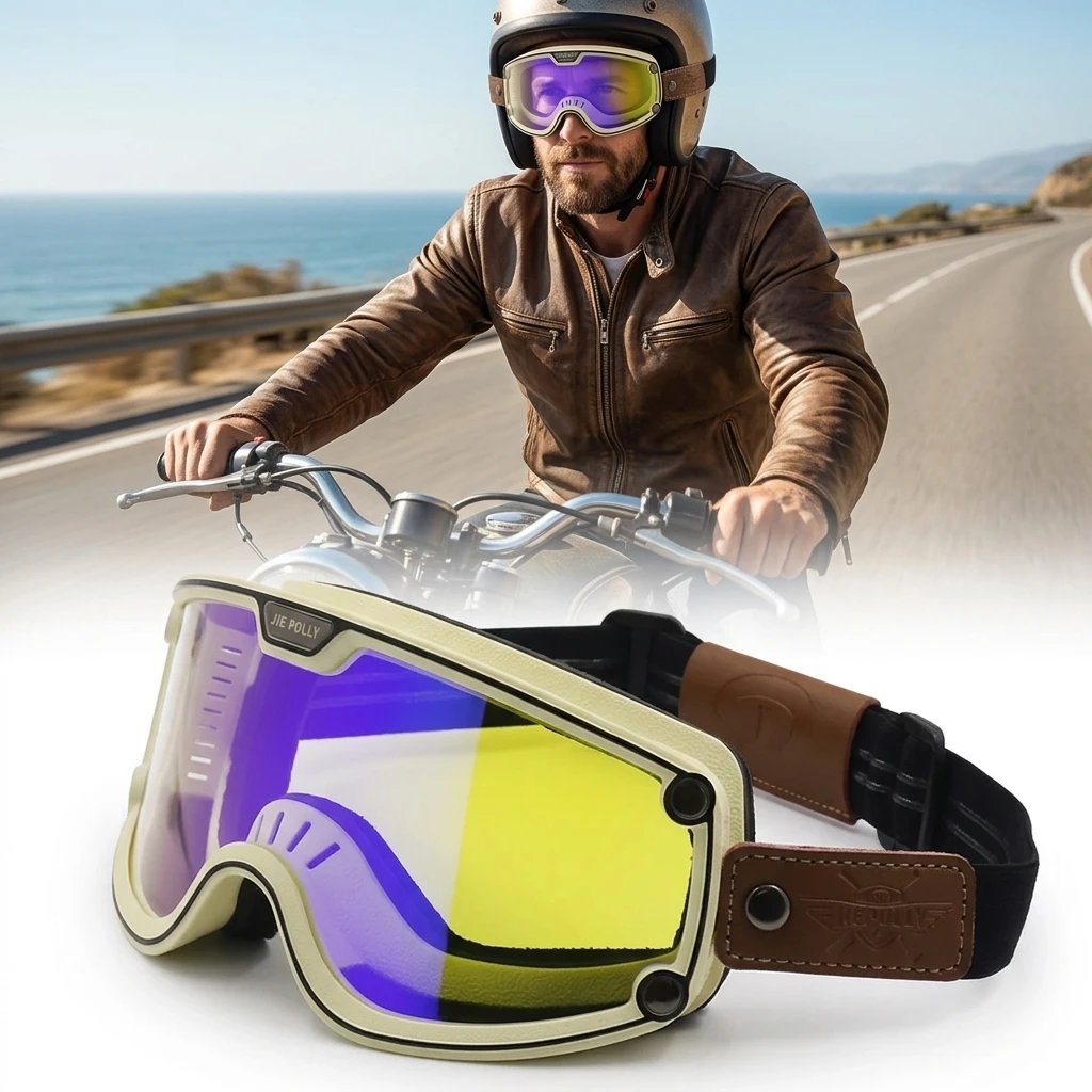 

Vintage Retro Motorcycle Goggles Windproof Sunglasses UV Protection for Riding Fit Over Prescription Glasses Motocross Eyewear