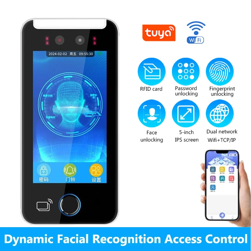 5inch Tuya Wifi Dynamic Face Time Attendance Access Control Biometric Fingerprint Facial Recognition Door Lock Control System