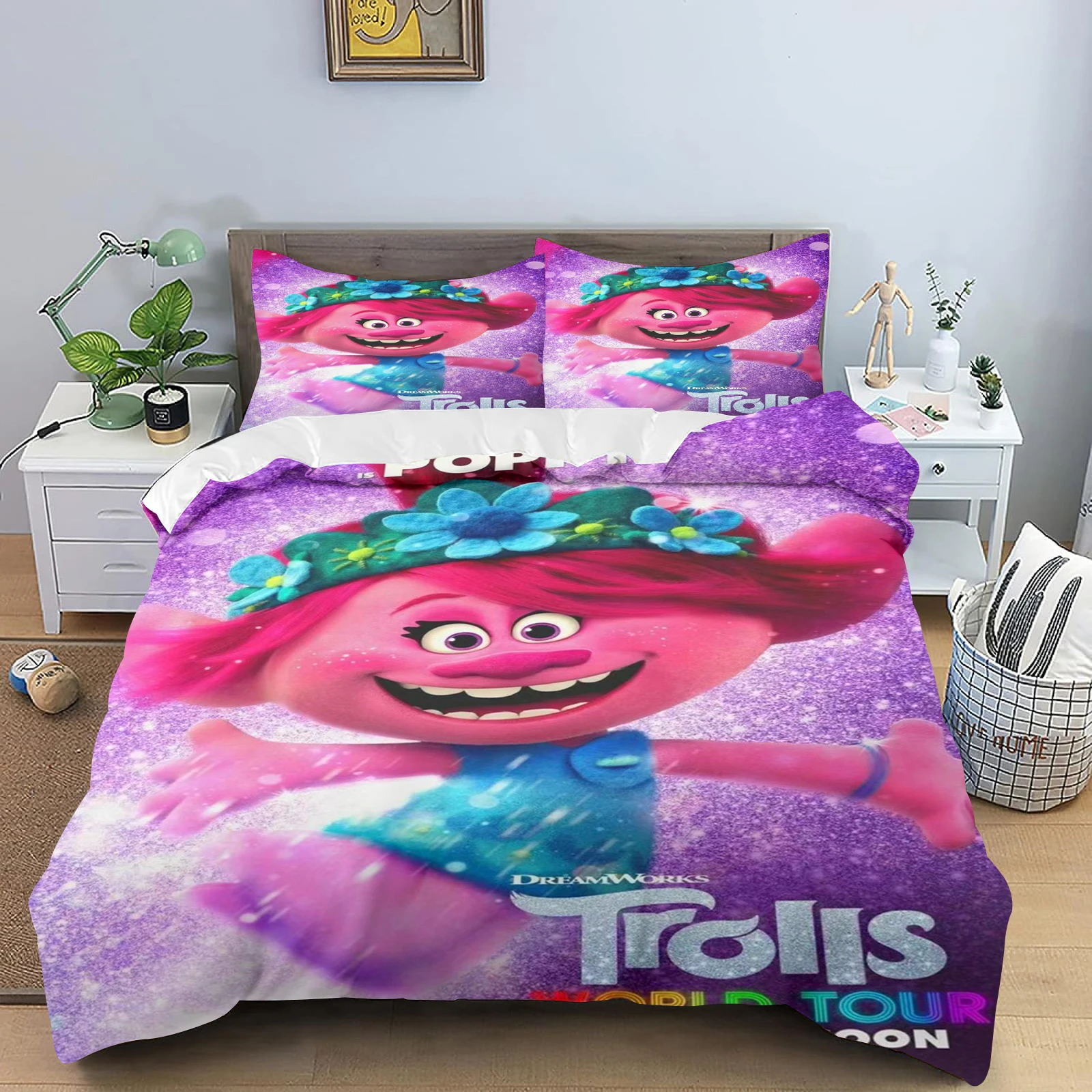 Trolls-funda nórdica con estampado de dibujos animados para niños, juego de dormitorio de poliéster, regalo para adultos, ropa de cama de 2/3 piezas