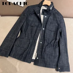 8.23 TOPACHIC-Women High Quality Denim Cotton Four Pocket Stand Collar Jacket Hooded Drawstring Collect Waist Zipper Outerwear