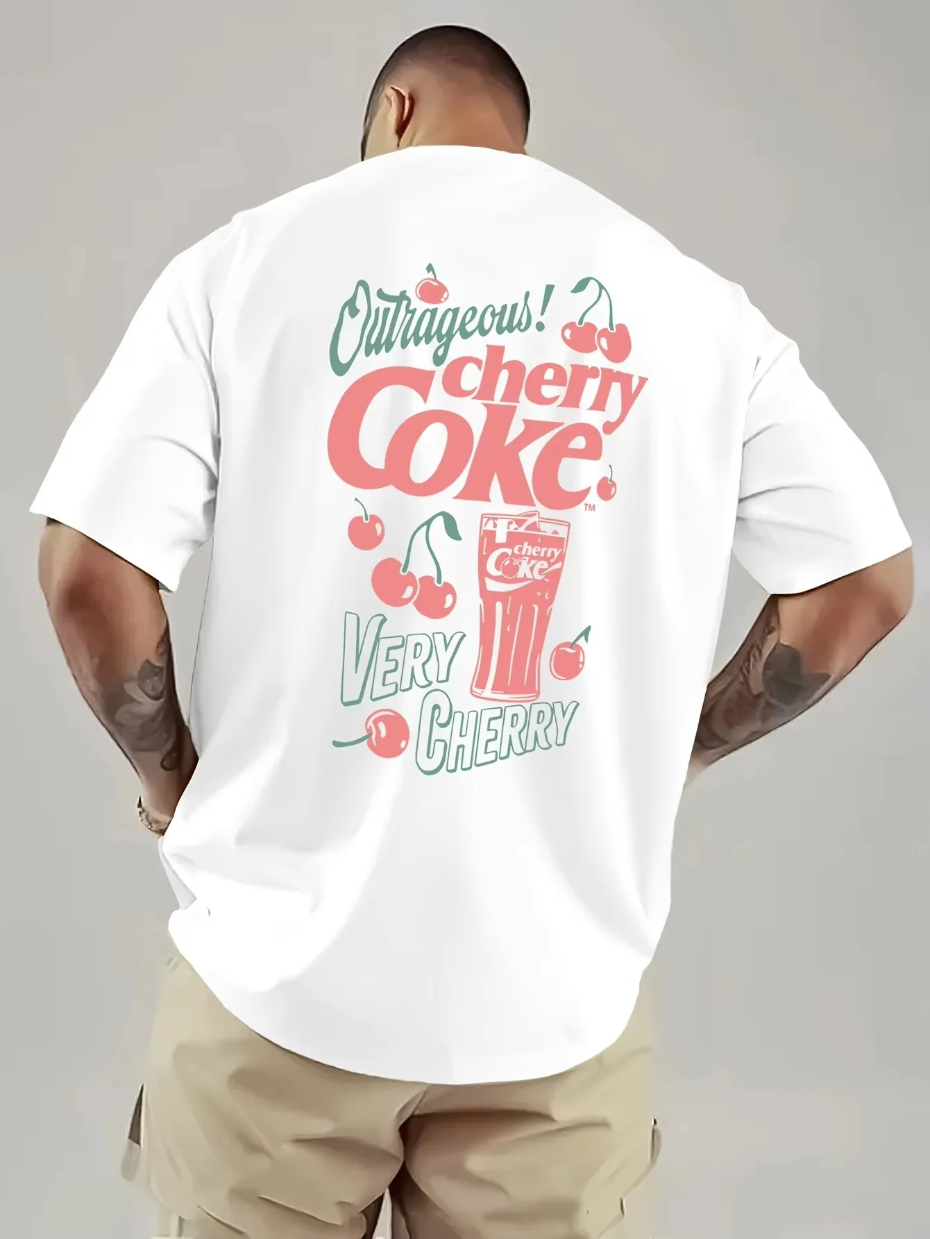 2026 Men Vintage Cherry Fruit Drink Graphic T Shirt Crew Neck Short Sleeve White Casual Streetwear Tees