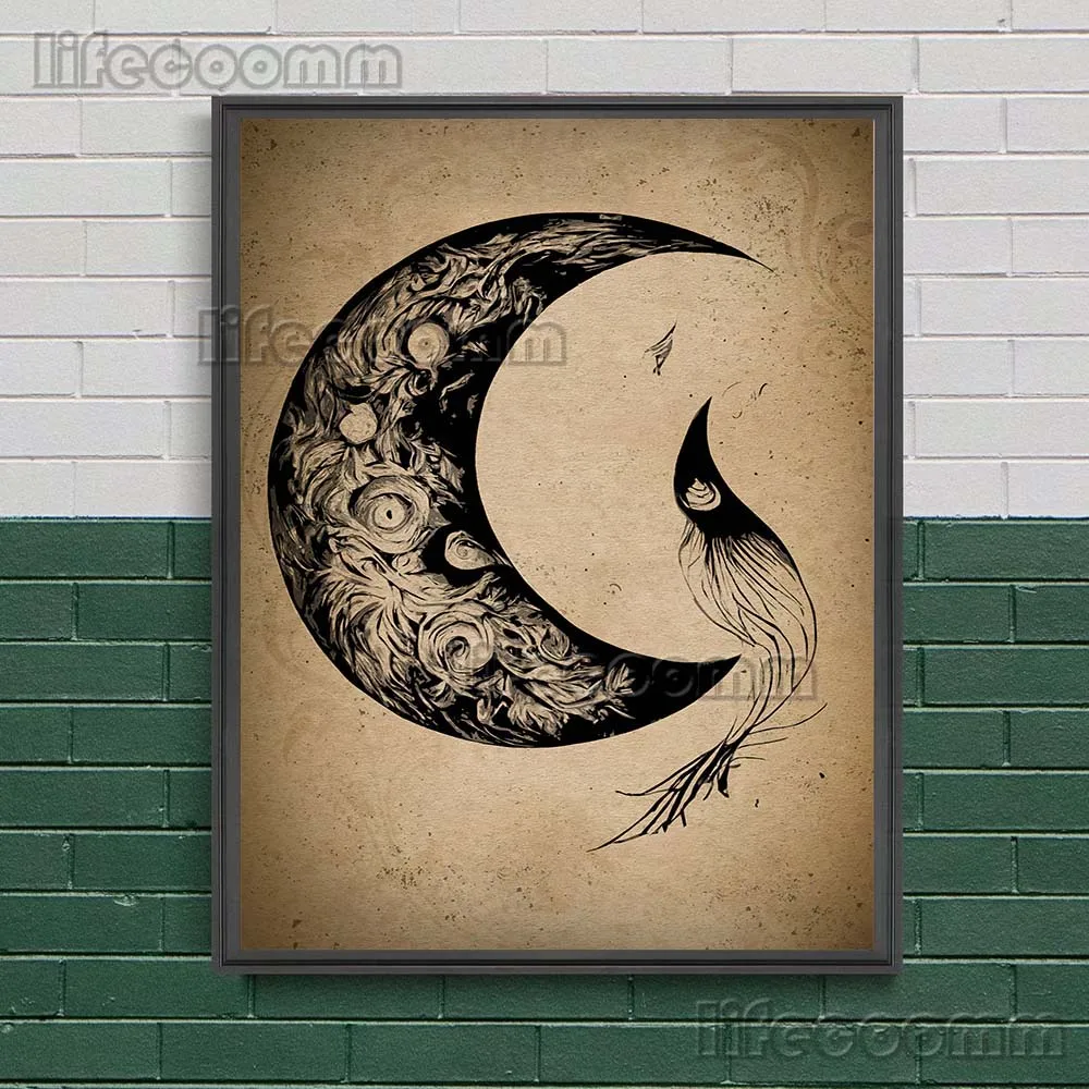 Beautiful Witch Girl And Demon Face Abstract Wall Art Canvas Painting Black White Moon And Witchcraft Element Art Poster Print