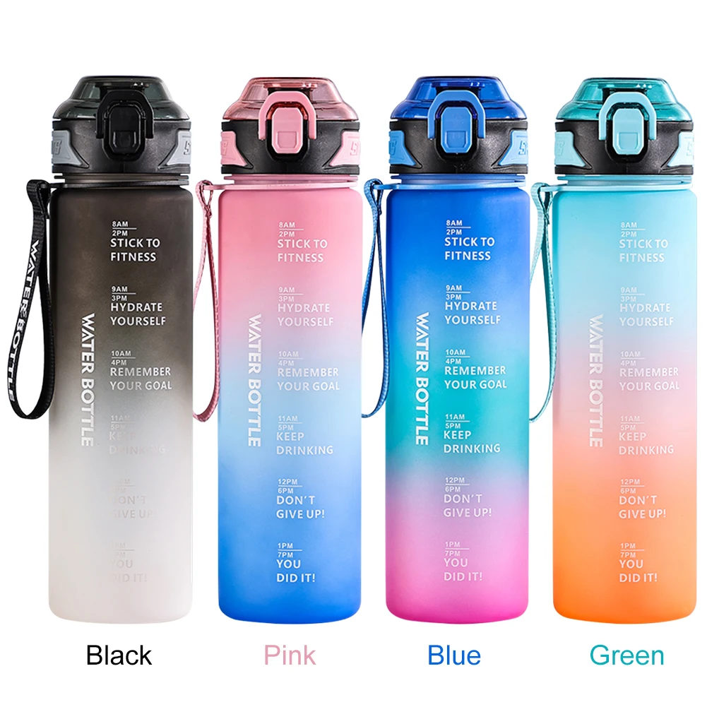 1L Water Bottle Leakproof Gradient Matte Motivational Water Bottle with Time Marker Drinking Water Bottle for Sports Gym Travel