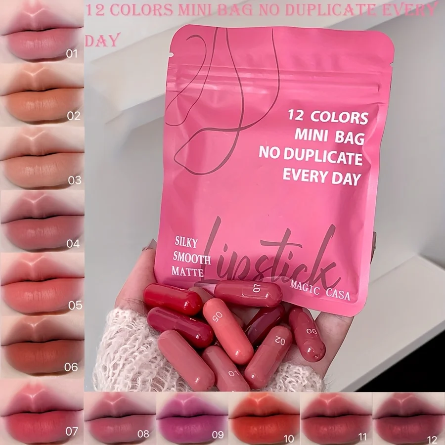 12 Mini-Pillen-Lippenstift-Kapsel-Set, langlebiger, mattierter Lippenstift, nicht leicht verblasst nach der Verwendung, geeignet für den täglichen Gebrauch, ist ein tolles Geschenk