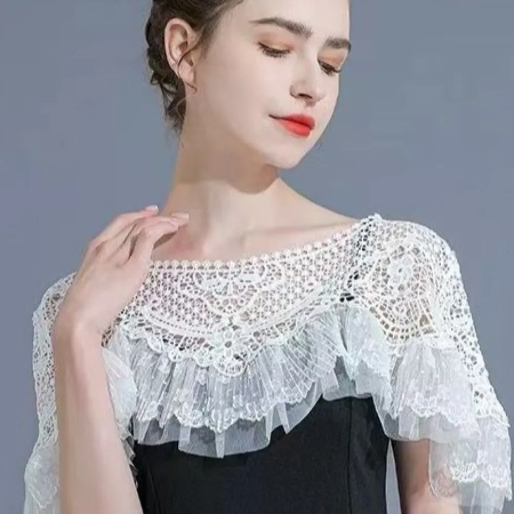 Elegant Vintage Cheongsam Crochet Tippet Mesh Trim Ruffle Hollow-Out Shawl Polyester White Shawl Cape Coat Evening Dress