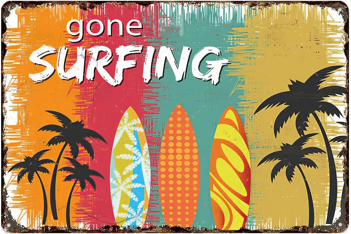 Retro Tin Sign Vintage Beach Metal Poster, Gone Surfing, Wall Art Decor Cute Decorations Gifts for Home Bar Farm Room Garde sign