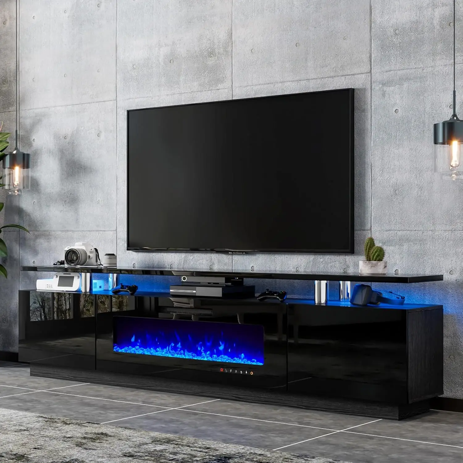 80" Fireplace TV Stand Modern High Gloss Finish Media Console with 40" Electric Fireplace Open Storage Entertainment Center