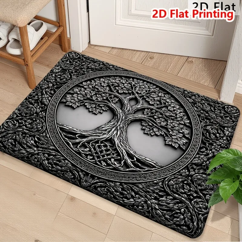 Tree of Life Doormat Celtic Ornate Metal Effect Print Non Slip Floor Mat for Mystical and Nature Inspired Home
