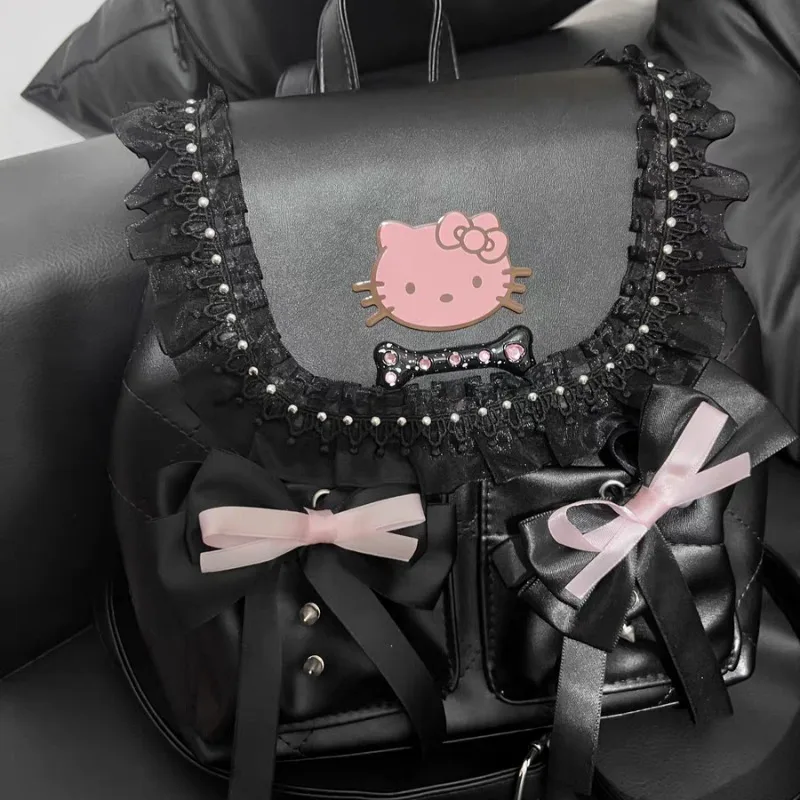 Xiuya Black Hello Kitty Womens Backpack Sweet Bow Fashion Elegant Cute Backpacks Casual Pu Leather Lolita Jk Vintage Female Bags