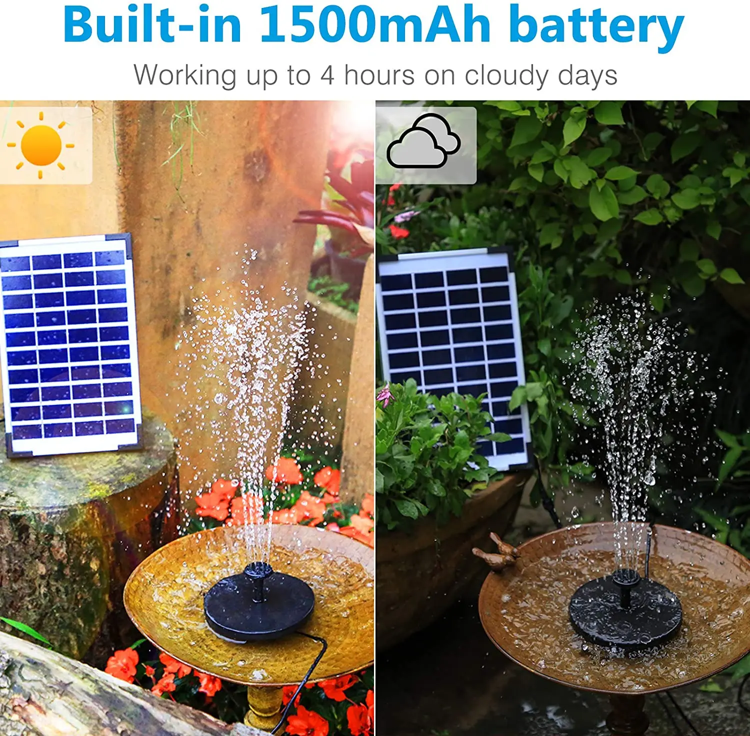 AISITIN-Bomba Solar de Fonte de Água, Bateria 1500mAh Embutida, Fonte Flutuante com 6 Bicos, Ajuste para Banho de Pássaros, 5.5W