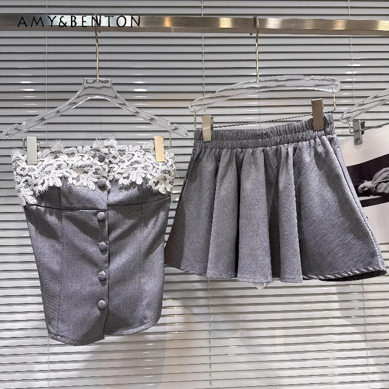 

2026 Summer New Fashion Crochet Splicing Women's Tube Top French Retro Design Elastic Waist Pleated Skirts Sweet Cool Set Ladies