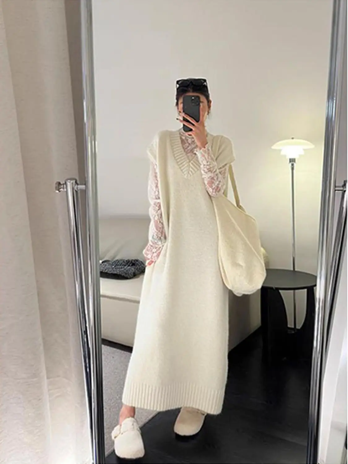 

Knitted Sleeveless Dresses Summer Womens Autumn Mid-Sleeve Tassels Hollowing Stretch Button-Decorated Lady Preppy Layering Daisy