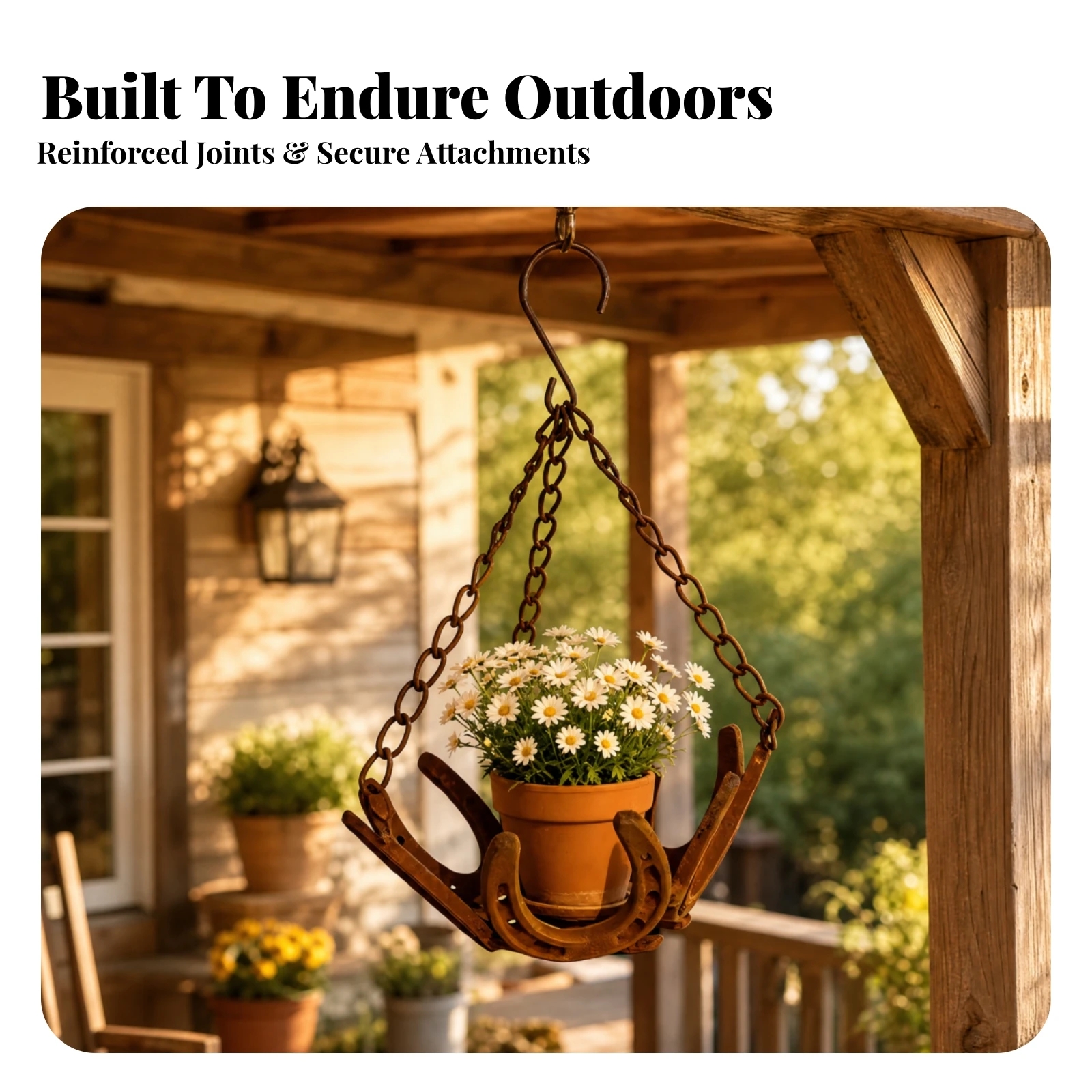 Iron Hanging Planter with Hook and Chains Vintage Rusted Metal Hanging Planter Basket Horseshoe-Style Plant Cradle Space-Saving